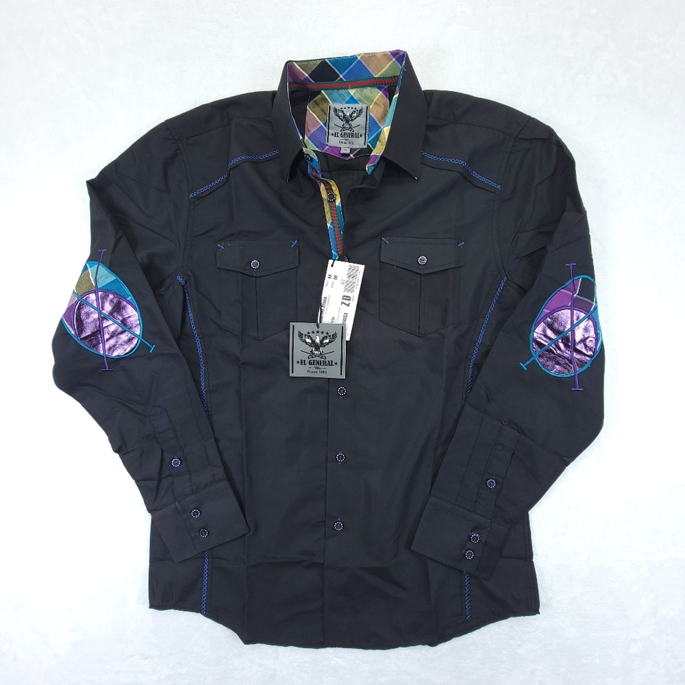 El General Mens Shirt Western Button Up Long Sleeve Elbow Patch Size M NWT